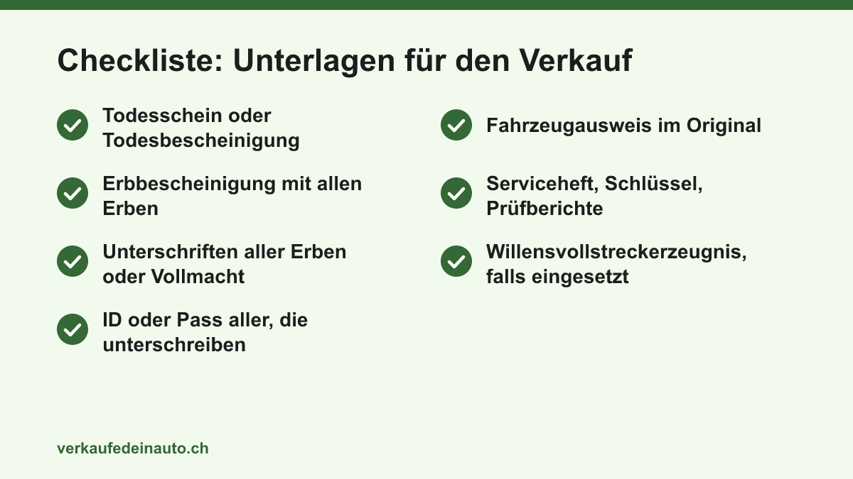 Checkliste der Unterlagen für den Verkauf eines geerbten Autos: Todesschein, Erbbescheinigung, Unterschriften oder Vollmacht der Erben, Ausweise, Fahrzeugausweis, Serviceheft und allenfalls das Willensvollstreckerzeugnis