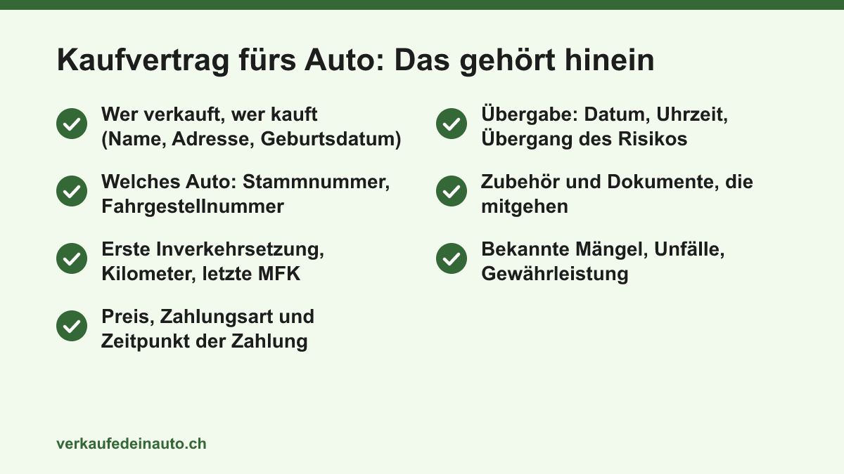 Checkliste mit sieben Punkten, die in einen Kaufvertrag für ein Auto gehören, von den Parteien bis zu Mängeln und Gewährleistung