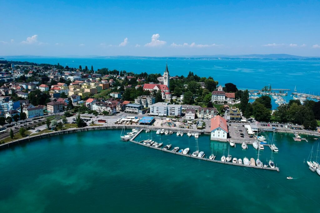 Romanshorn on Lake Constance from the air: the harbor, the church and the lakeshore