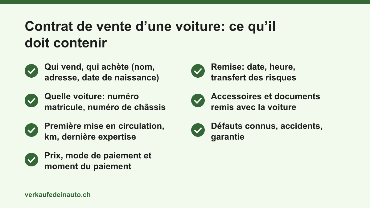 Liste de contrôle des sept points qui doivent figurer dans le contrat de vente d’une voiture, des parties jusqu’aux défauts et à la garantie