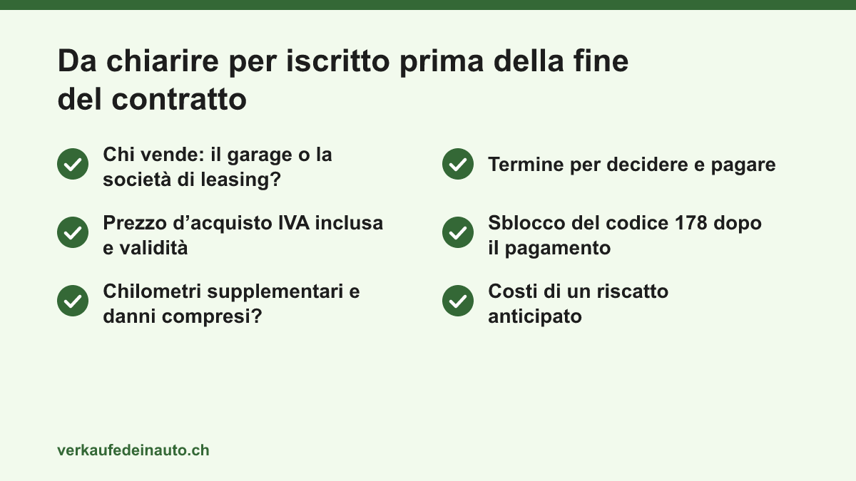 Lista di controllo con sei punti che i titolari del leasing dovrebbero chiarire per iscritto con il garage e la società di leasing prima della fine del contratto