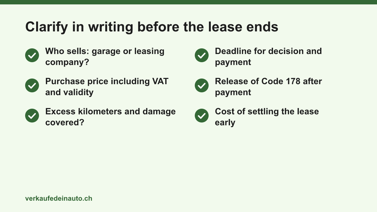 Checklist of six points that lessees should clarify in writing with the garage and the leasing company before the lease ends